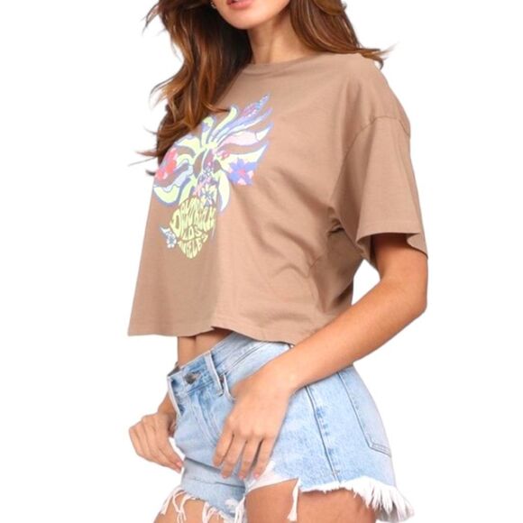 New! Daydreamer Women's Peace Sun Boxy Short Sleeve Crop Tee Taupe Tan XS NWT - Picture 2 of 16